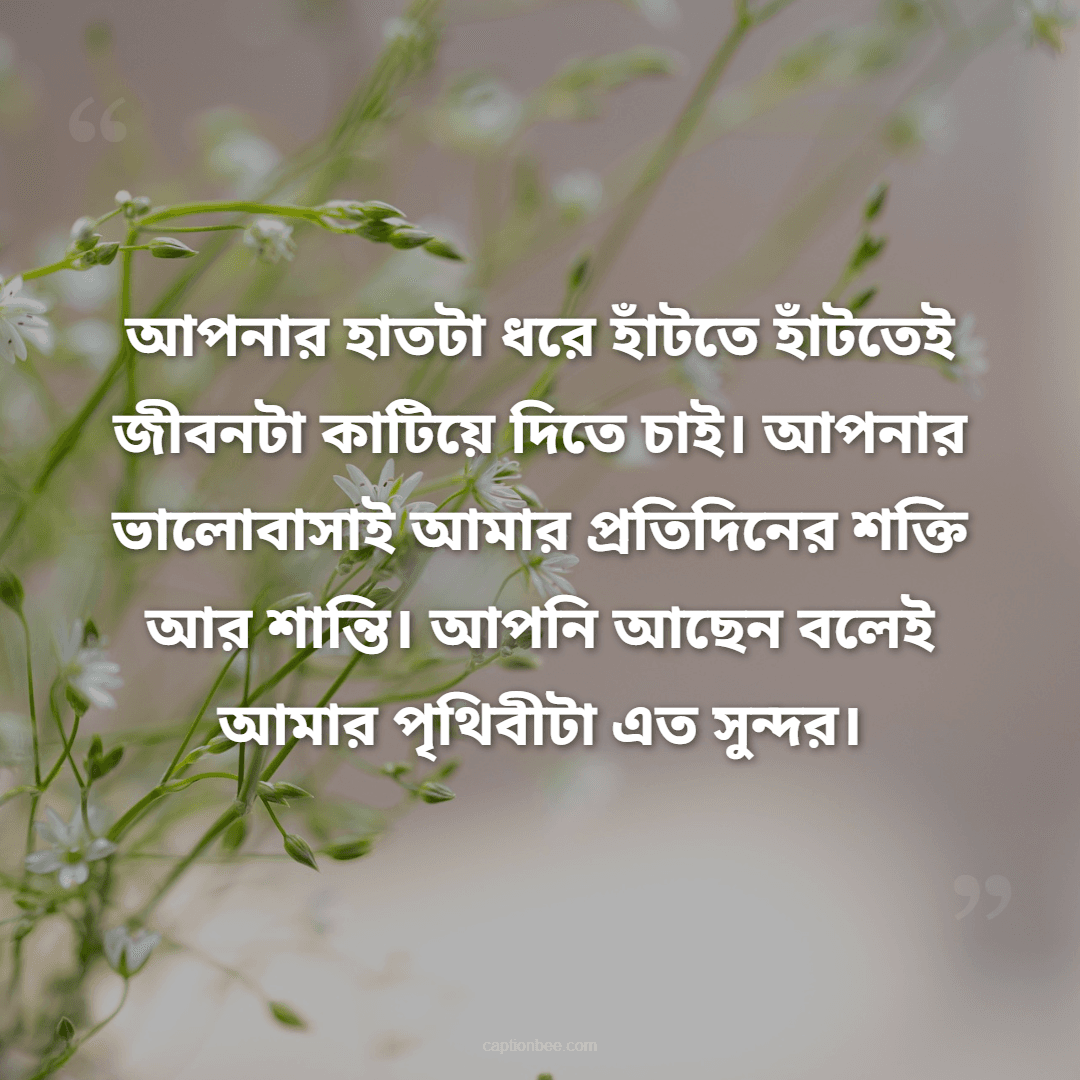 আপনার হাতটা ধরে হাঁটতে হাঁটতেই জীবনটা কাটিয়ে দিতে চাই। আপনার ভালোবাসাই আমার প্রতিদিনের শক্তি আর শান্তি। আপনি আছেন বলেই আমার পৃথিবীটা এত সুন্দর।