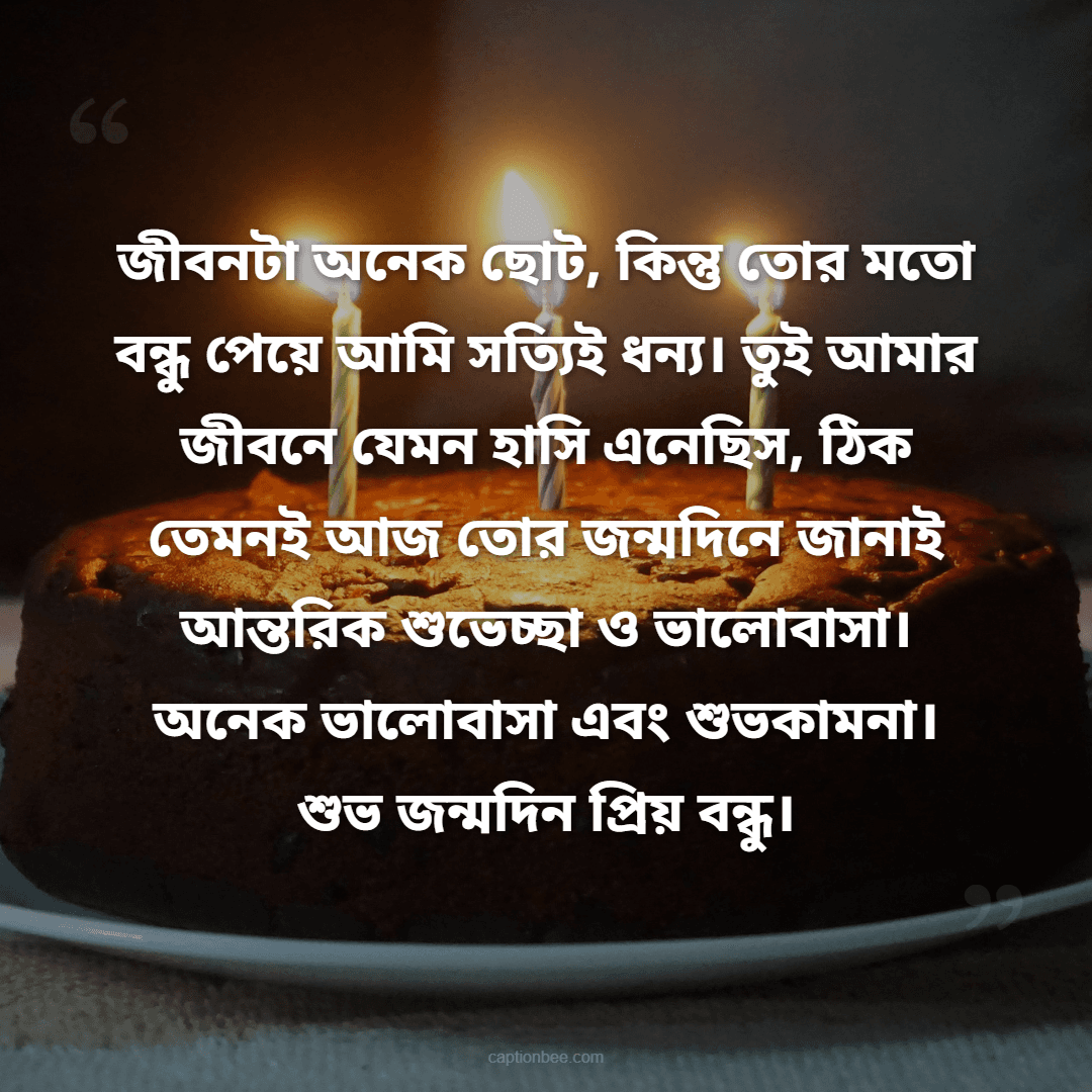 জীবনটা অনেক ছোট, কিন্তু তোর মতো বন্ধু পেয়ে আমি সত্যিই ধন্য। তুই আমার জীবনে যেমন হাসি এনেছিস, ঠিক তেমনই আজ তোর জন্মদিনে জানাই আন্তরিক শুভেচ্ছা ও ভালোবাসা। অনেক ভালোবাসা এবং শুভকামনা। শুভ জন্মদিন প্রিয় বন্ধু।