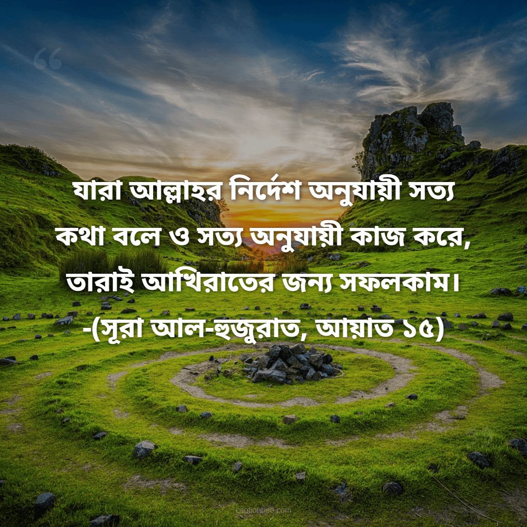 যারা আল্লাহর নির্দেশ অনুযায়ী সত্য কথা বলে ও সত্য অনুযায়ী কাজ করে, তারাই আখিরাতের জন্য সফলকাম। -সূরা আল-হুজুরাত, আয়াত ১৫