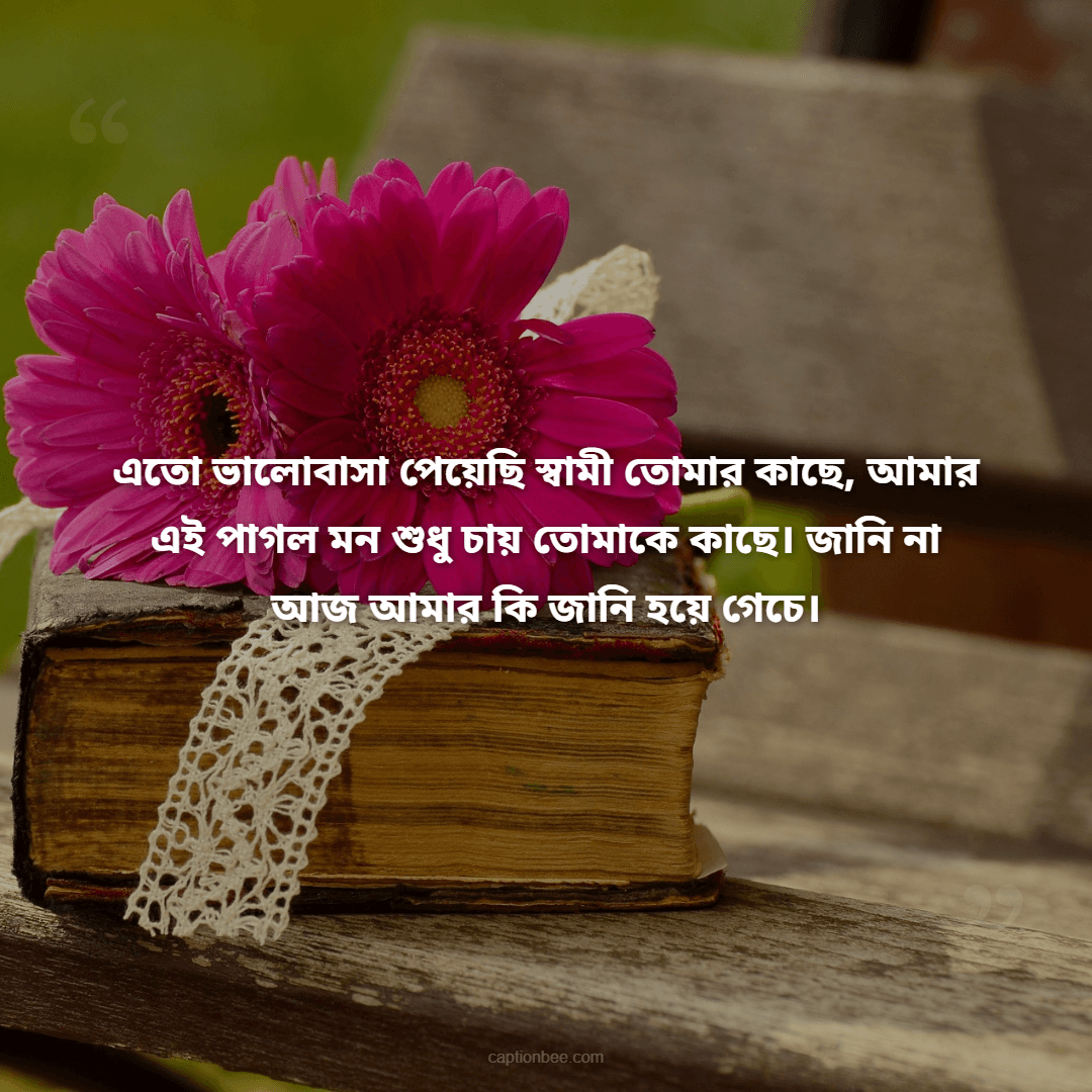 এতো ভালোবাসা পেয়েছি স্বামী তোমার কাছে, আমার এই পাগল মন শুধু চায় তোমাকে কাছে। জানি না আজ আমার কি জানি হয়ে গেচে।