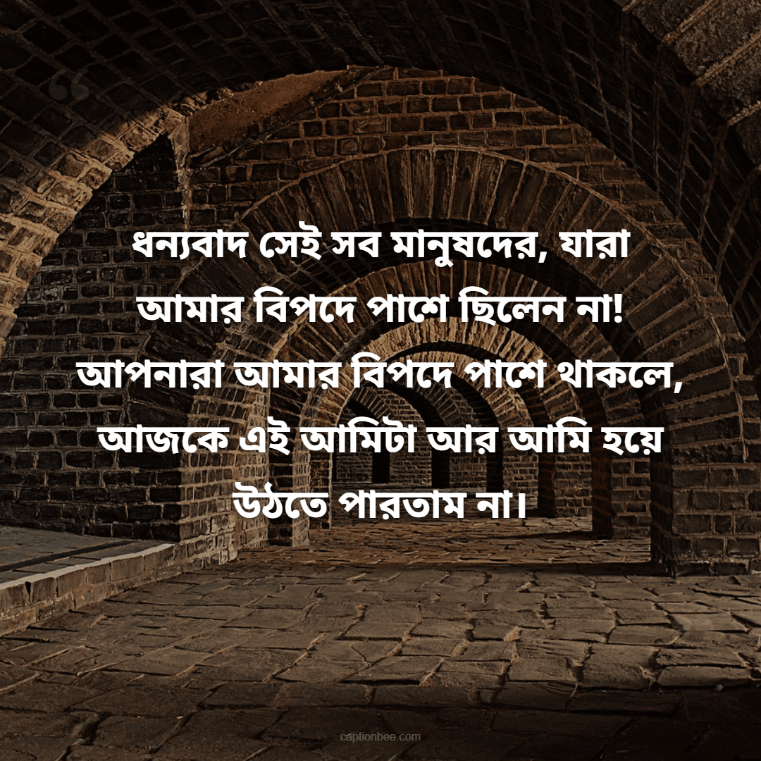 ধন্যবাদ সেই সব মানুষদের, যারা আমার বিপদে পাশে ছিলেন না! আপনারা আমার বিপদে পাশে থাকলে, আজকে এই আমিটা আর আমি হয়ে উঠতে পারতাম না।
