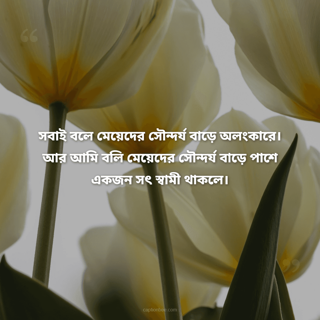 সবাই বলে মেয়েদের সৌন্দর্য বাড়ে অলংকারে। আর আমি বলি মেয়েদের সৌন্দর্য বাড়ে পাশে একজন সৎ স্বামী থাকলে।