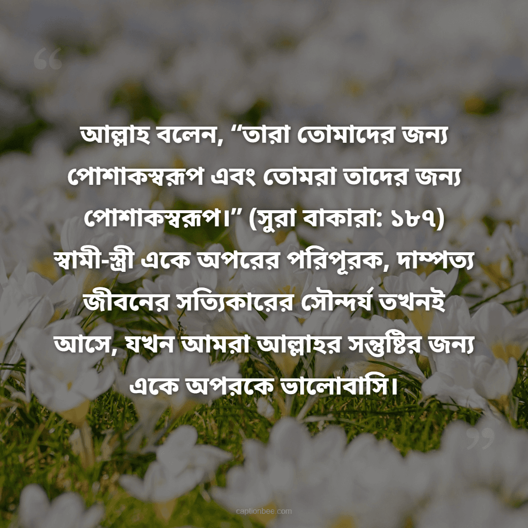 আল্লাহ বলেন, “তারা তোমাদের জন্য পোশাকস্বরূপ এবং তোমরা তাদের জন্য পোশাকস্বরূপ।” (সুরা বাকারা ১৮৭) স্বামী-স্ত্রী একে অপরের পরিপূরক, দাম্পত্য জীবনের সত্যিকারের সৌন্দর্য তখনই আসে, যখন আমরা আল্লাহর সন্তুষ্টির জন্য একে অ