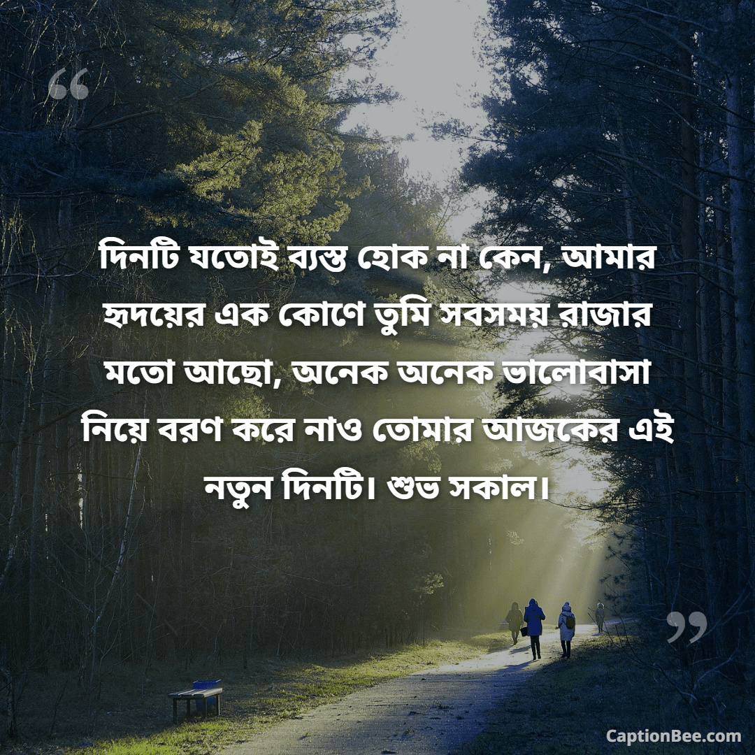 দিনটি যতোই ব্যস্ত হোক না কেন, আমার হৃদয়ের এক কোণে তুমি সবসময় রাজার মতো আছো, অনেক অনেক ভালোবাসা নিয়ে বরণ করে নাও তোমার আজকের এই নতুন দিনটি। শুভ সকাল।