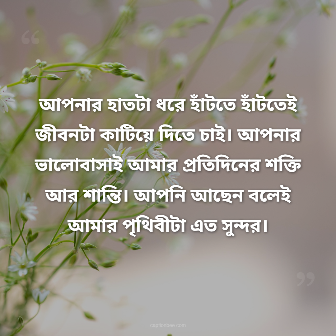 আপনার হাতটা ধরে হাঁটতে হাঁটতেই জীবনটা কাটিয়ে দিতে চাই। আপনার ভালোবাসাই আমার প্রতিদিনের শক্তি আর শান্তি। আপনি আছেন বলেই আমার পৃথিবীটা এত সুন্দর।