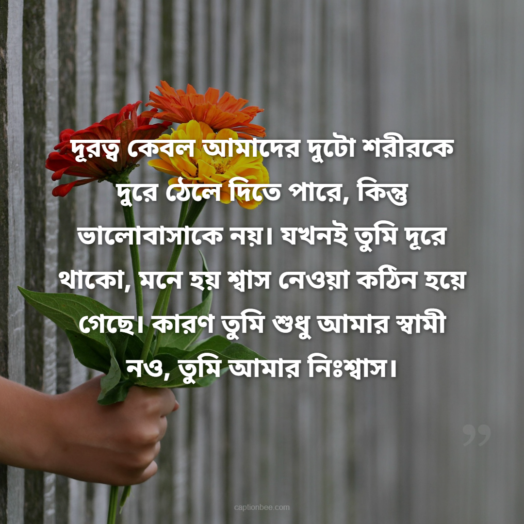 দূরত্ব কেবল আমাদের দুটো শরীরকে দুরে ঠেলে দিতে পারে, কিন্তু ভালোবাসাকে নয়। যখনই তুমি দূরে থাকো, মনে হয় শ্বাস নেওয়া কঠিন হয়ে গেছে। কারণ তুমি শুধু আমার স্বামী নও, তুমি আমার নিঃশ্বাস।