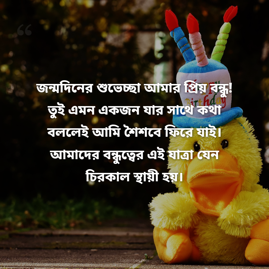 জন্মদিনের শুভেচ্ছা আমার প্রিয় বন্ধু! তুই এমন একজন যার সাথে কথা বললেই আমি শৈশবে ফিরে যাই। আমাদের বন্ধুত্বের এই যাত্রা যেন চিরকাল স্থায়ী হয়।