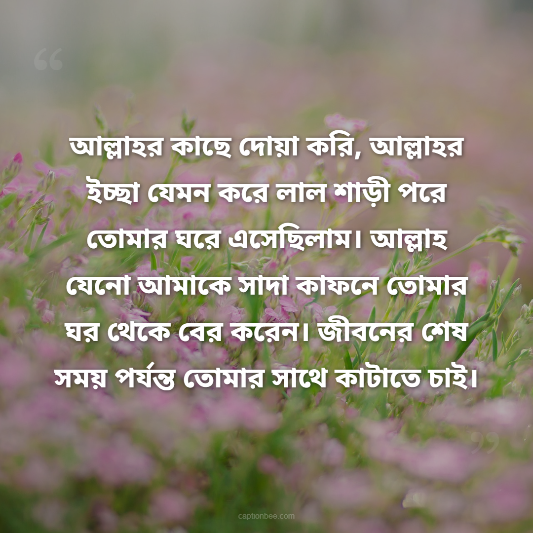আল্লাহর কাছে দোয়া করি, আল্লাহর ইচ্ছা যেমন করে লাল শাড়ী পরে তোমার ঘরে এসেছিলাম। আল্লাহ যেনো আমাকে সাদা কাফনে তোমার ঘর থেকে বের করেন। জীবনের শেষ সময় পর্যন্ত তোমার সাথে কাটাতে চাই।