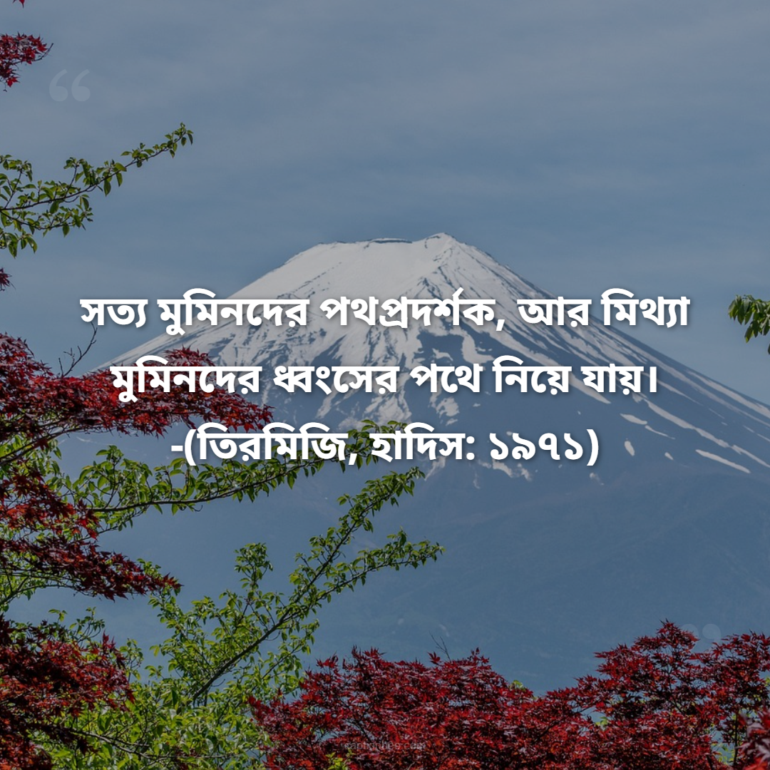 সত্য মুমিনদের পথপ্রদর্শক, আর মিথ্যা মুমিনদের ধ্বংসের পথে নিয়ে যায়। -তিরমিজি, হাদিস ১৯৭১