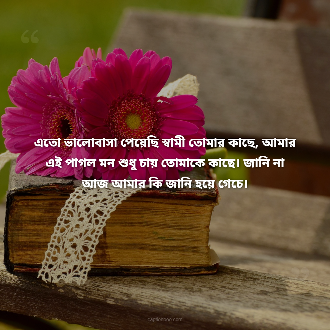 এতো ভালোবাসা পেয়েছি স্বামী তোমার কাছে, আমার এই পাগল মন শুধু চায় তোমাকে কাছে। জানি না আজ আমার কি জানি হয়ে গেচে।