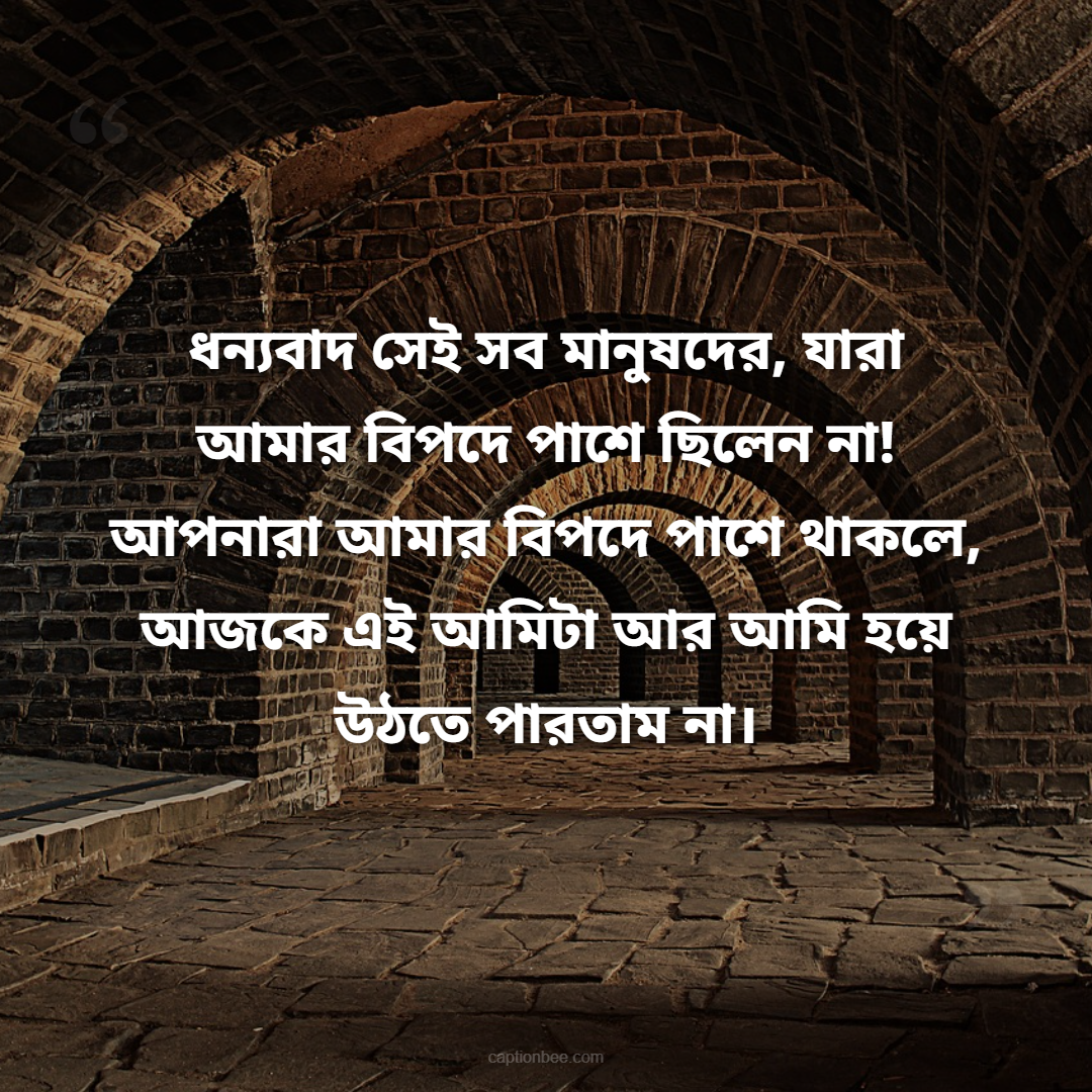 ধন্যবাদ সেই সব মানুষদের, যারা আমার বিপদে পাশে ছিলেন না! আপনারা আমার বিপদে পাশে থাকলে, আজকে এই আমিটা আর আমি হয়ে উঠতে পারতাম না।