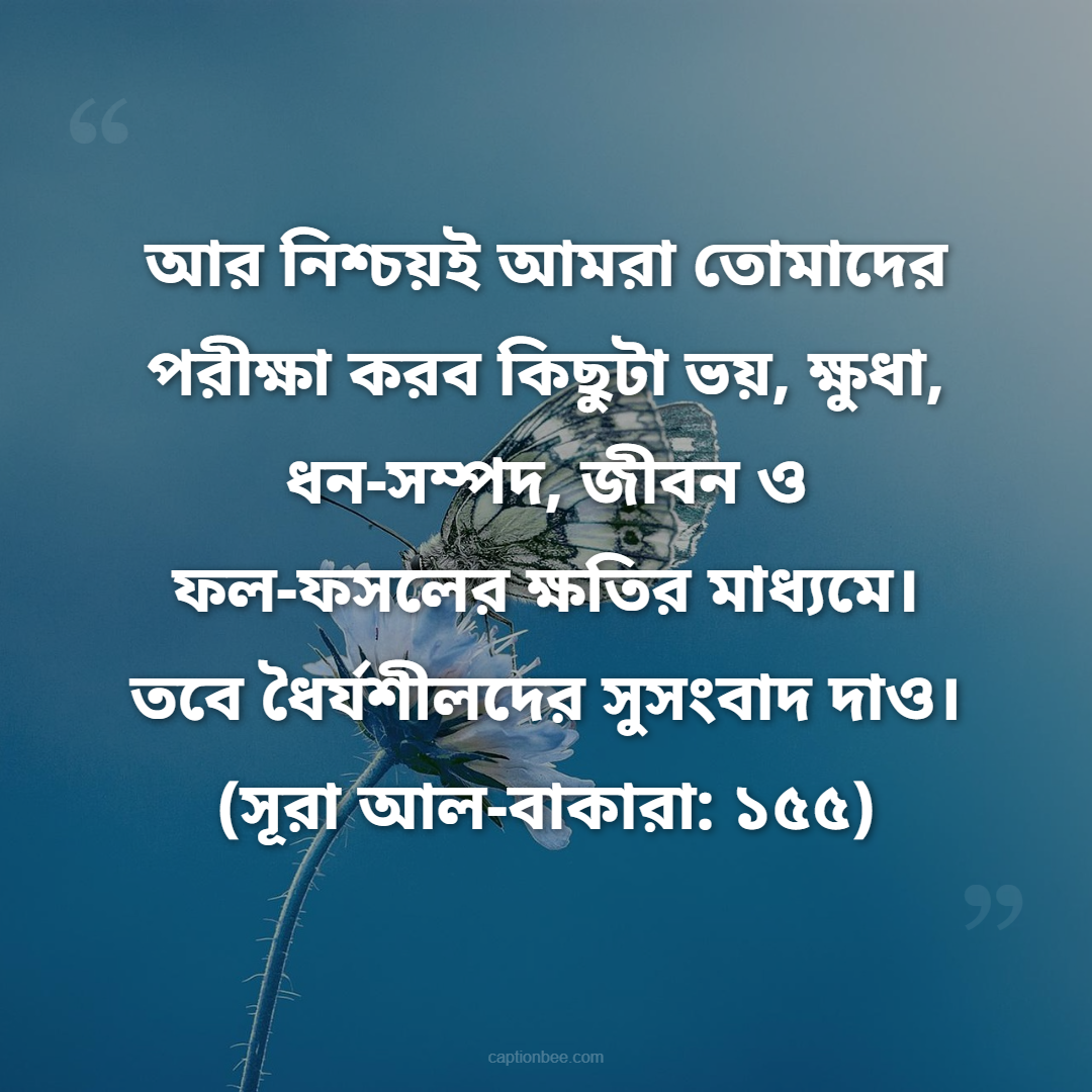 আর নিশ্চয়ই আমরা তোমাদের পরীক্ষা করব কিছুটা ভয়, ক্ষুধা, ধন-সম্পদ, জীবন ও ফল-ফসলের ক্ষতির মাধ্যমে। তবে ধৈর্যশীলদের সুসংবাদ দাও। -(সূরা আল-বাকারা ১৫৫)