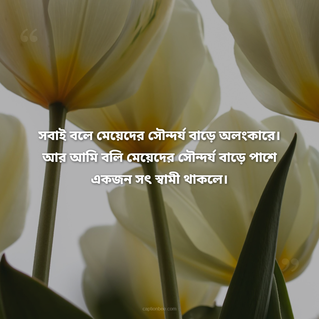 সবাই বলে মেয়েদের সৌন্দর্য বাড়ে অলংকারে। আর আমি বলি মেয়েদের সৌন্দর্য বাড়ে পাশে একজন সৎ স্বামী থাকলে।