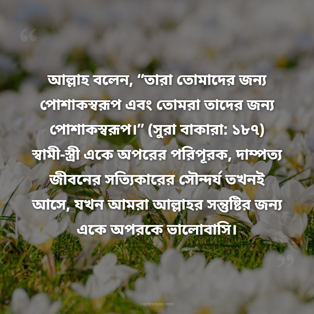 আল্লাহ বলেন, “তারা তোমাদের জন্য পোশাকস্বরূপ এবং তোমরা তাদের জন্য পোশাকস্বরূপ।” (সুরা বাকারা ১৮৭) স্বামী-স্ত্রী একে অপরের পরিপূরক, দাম্পত্য জীবনের সত্যিকারের সৌন্দর্য তখনই আসে, যখন আমরা আল্লাহর সন্তুষ্টির জন্য একে অ