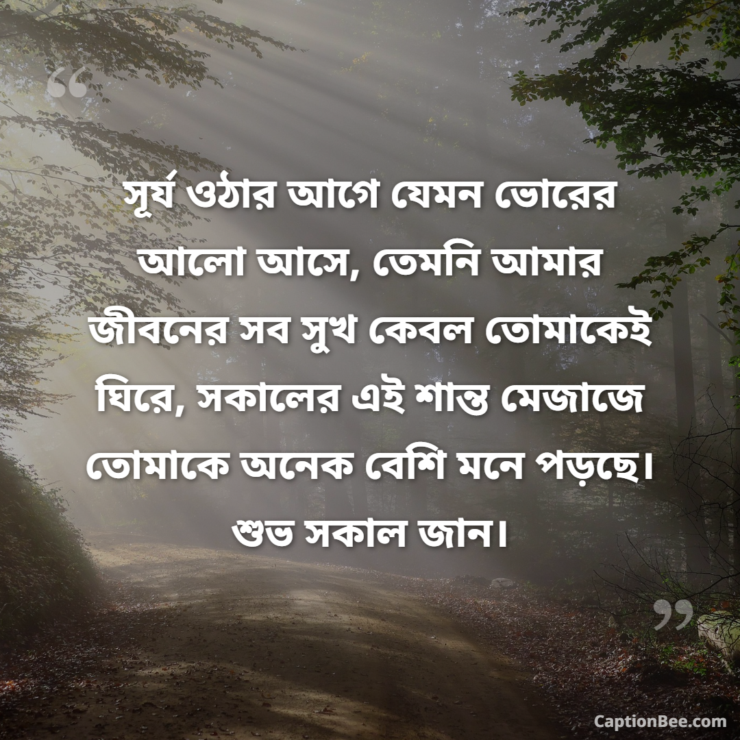 সূর্য ওঠার আগে যেমন ভোরের আলো আসে, তেমনি আমার জীবনের সব সুখ কেবল তোমাকেই ঘিরে, সকালের এই শান্ত মেজাজে তোমাকে অনেক বেশি মনে পড়ছে। শুভ সকাল জান।
