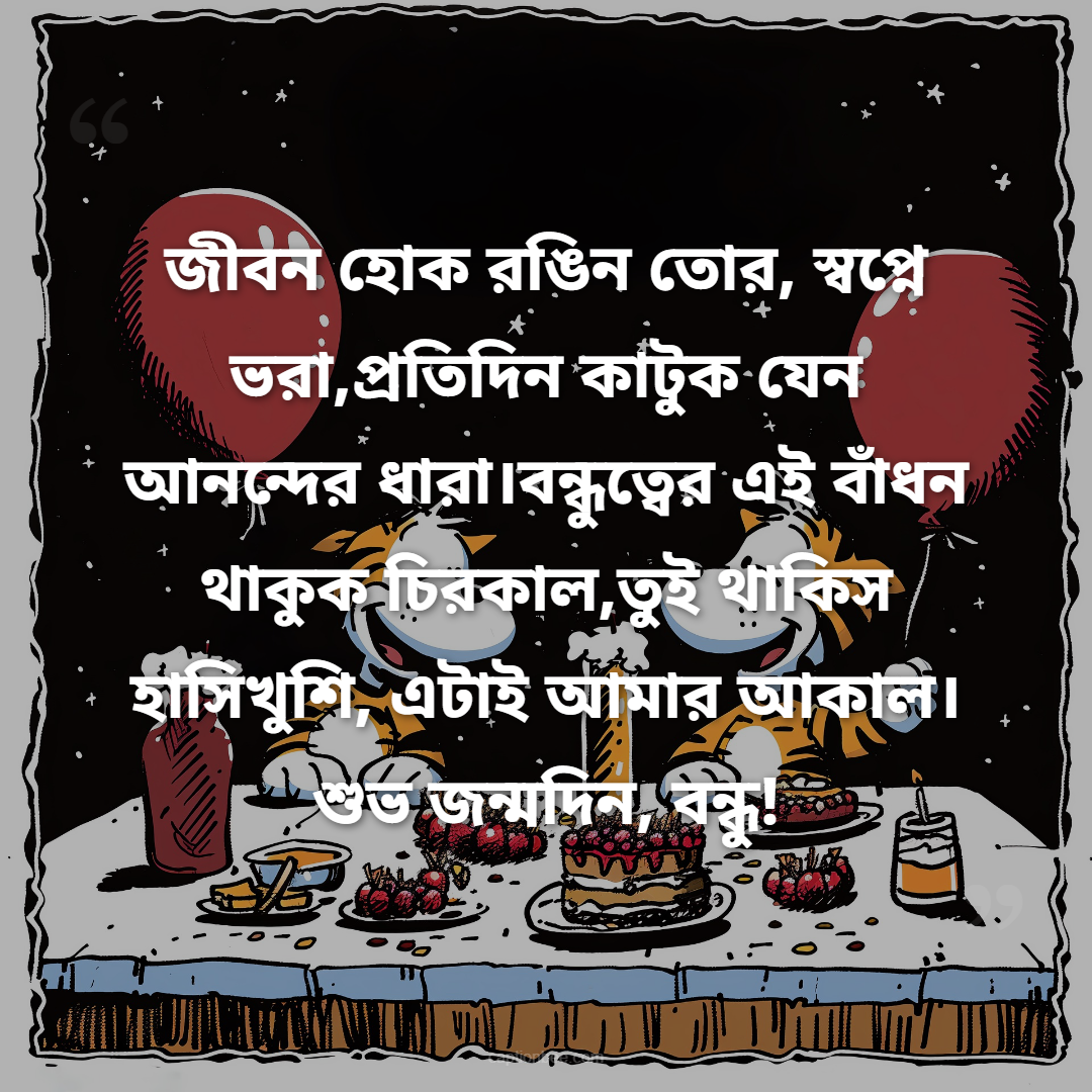জীবন হোক রঙিন তোর, স্বপ্নে ভরা,প্রতিদিন কাটুক যেন আনন্দের ধারা।বন্ধুত্বের এই বাঁধন থাকুক চিরকাল,তুই থাকিস হাসিখুশি, এটাই আমার আকাল। শুভ জন্মদিন, বন্ধু!