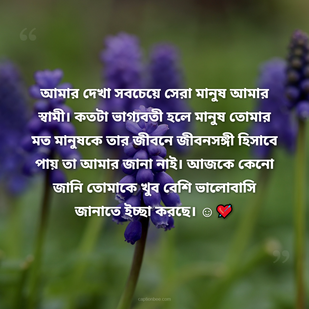 আমার দেখা সবচেয়ে সেরা মানুষ আমার স্বামী। কতটা ভাগ্যবতী হলে মানুষ তোমার মত মানুষকে তার জীবনে জীবনসঙ্গী হিসাবে পায় তা আমার জানা নাই। আজকে কেনো জানি তোমাকে খুব বেশি ভালোবাসি জানাতে ইচ্ছা করছে।